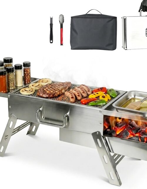 Portable Tabletop Charcoal Grill, Foldable Stainless Steel Mini BBQ Grill with Carry Bag, Lightweight Small Camping Picnic Travel Tailgating Patio Grill