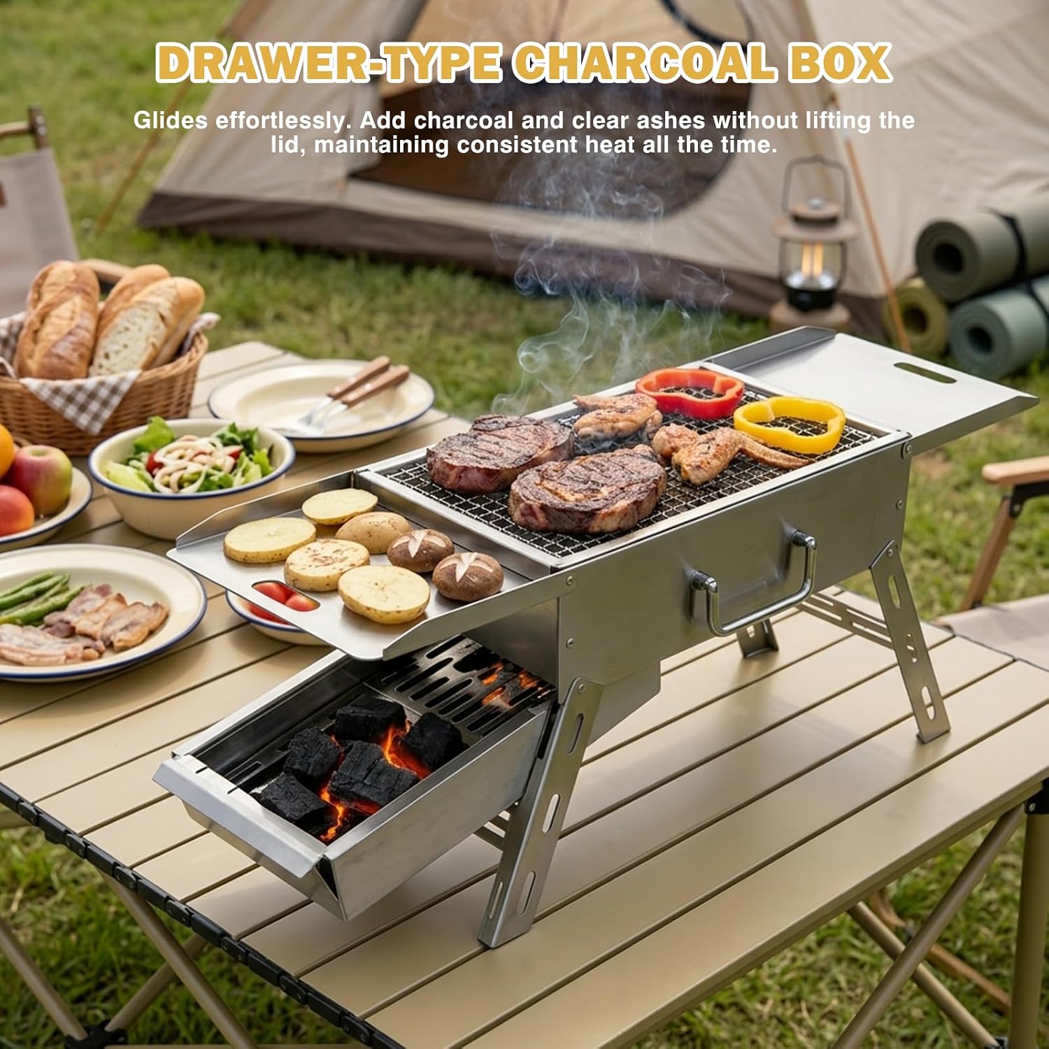 Portable Tabletop Charcoal Grill, Foldable Stainless Steel Mini BBQ Grill with Carry Bag, Lightweight Small Camping Picnic Travel Tailgating Patio Grill - Image 3