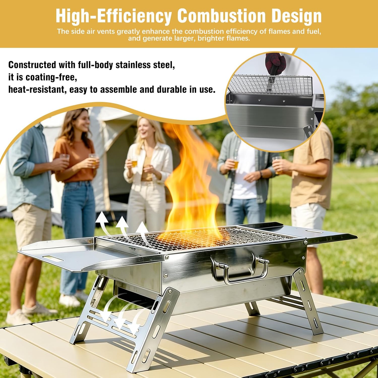 Portable Tabletop Charcoal Grill, Foldable Stainless Steel Mini BBQ Grill with Carry Bag, Lightweight Small Camping Picnic Travel Tailgating Patio Grill - Image 8