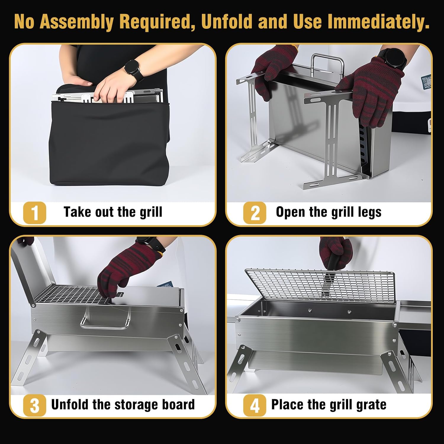 Portable Tabletop Charcoal Grill, Foldable Stainless Steel Mini BBQ Grill with Carry Bag, Lightweight Small Camping Picnic Travel Tailgating Patio Grill - Image 9