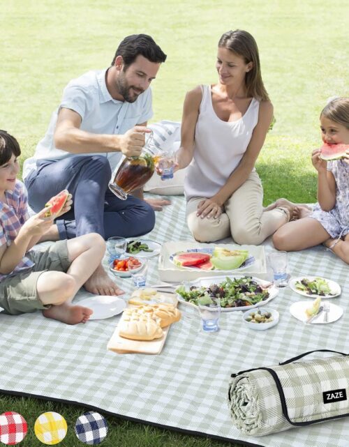 ZAZE Extra Large Picnic Outdoor Blanket, 80''x80'' Waterproof Foldable Blankets Gingham Picnic Mat for Beach, Camping Grass Lawn Park Accessories Cute Couple Gifts Ideas Wedding Registry(Green White)
