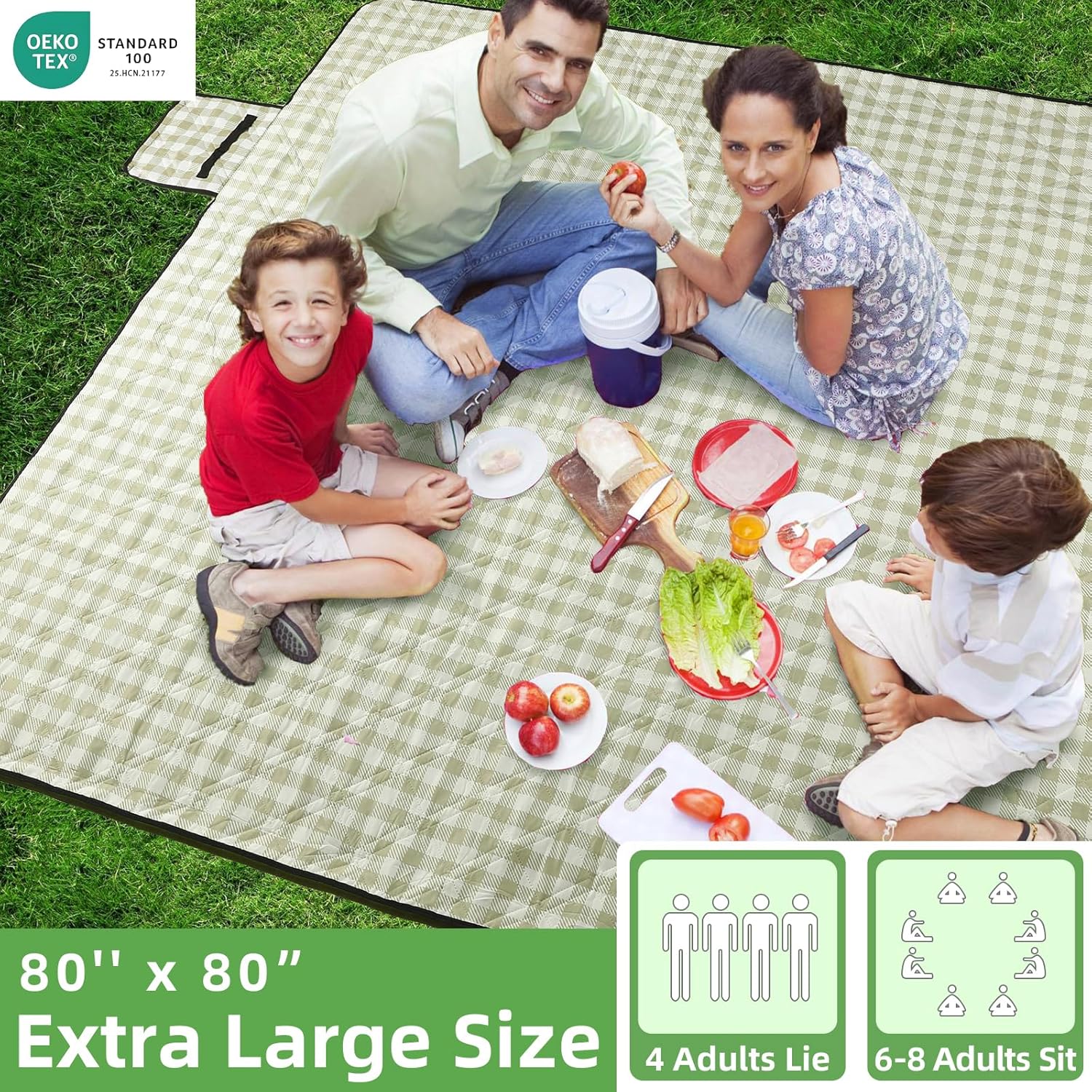 ZAZE Extra Large Picnic Outdoor Blanket, 80''x80'' Waterproof Foldable Blankets Gingham Picnic Mat for Beach, Camping Grass Lawn Park Accessories Cute Couple Gifts Ideas Wedding Registry(Green White) - Image 2