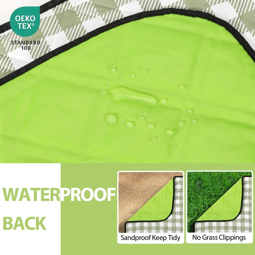ZAZE Extra Large Picnic Outdoor Blanket, 80''x80'' Waterproof Foldable Blankets Gingham Picnic Mat for Beach, Camping Grass Lawn Park Accessories Cute Couple Gifts Ideas Wedding Registry(Green White) - Image 5