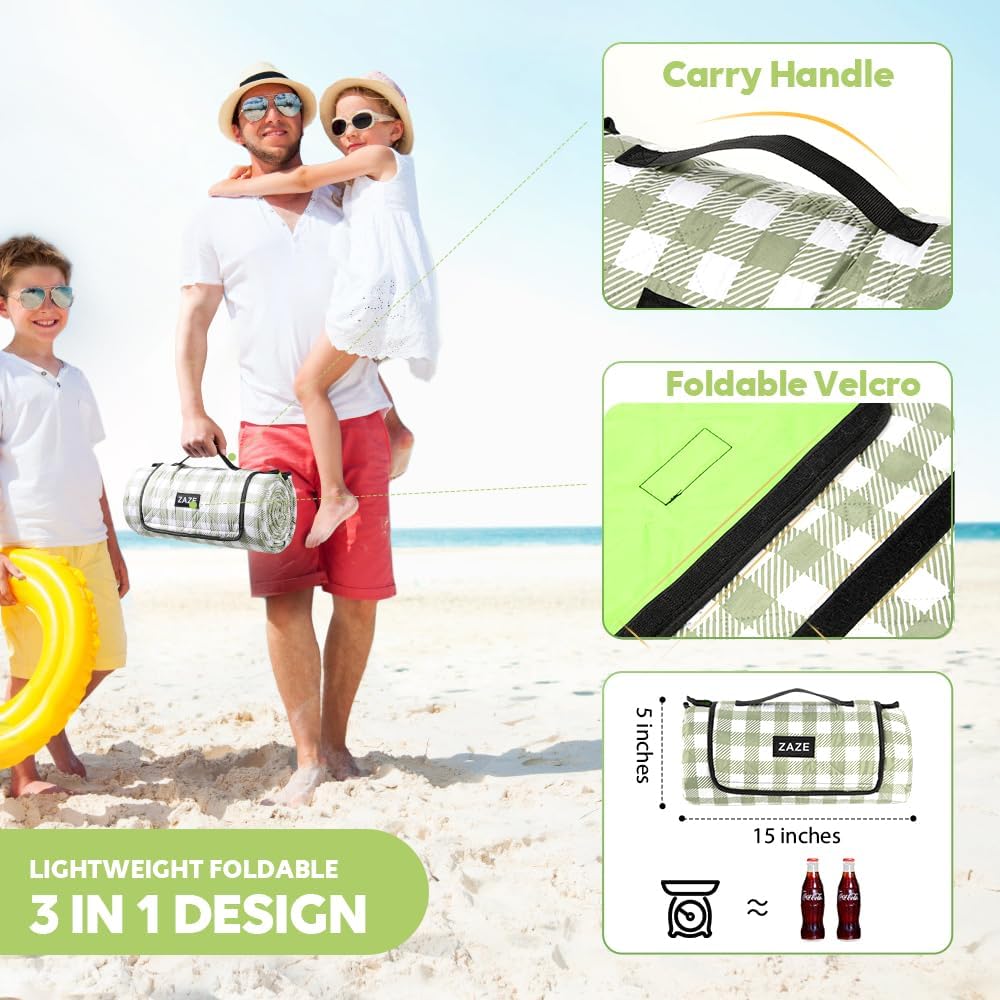 ZAZE Extra Large Picnic Outdoor Blanket, 80''x80'' Waterproof Foldable Blankets Gingham Picnic Mat for Beach, Camping Grass Lawn Park Accessories Cute Couple Gifts Ideas Wedding Registry(Green White) - Image 6