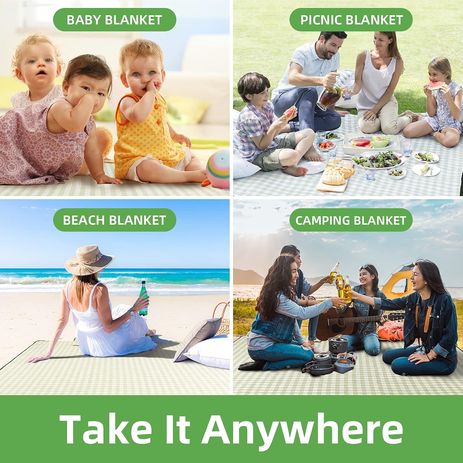 ZAZE Extra Large Picnic Outdoor Blanket, 80''x80'' Waterproof Foldable Blankets Gingham Picnic Mat for Beach, Camping Grass Lawn Park Accessories Cute Couple Gifts Ideas Wedding Registry(Green White) - Image 7