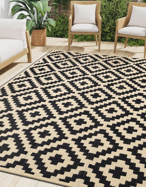 Smiry Outdoor Rug 5x8 ft Waterproof Reversible Boho Mat, Black & Beige | Polypropylene Plastic Straw, Quick Drying, Lightweight Foldable, for Patio, Deck, RV Camping, Backyard and Indoor Outdoor Use