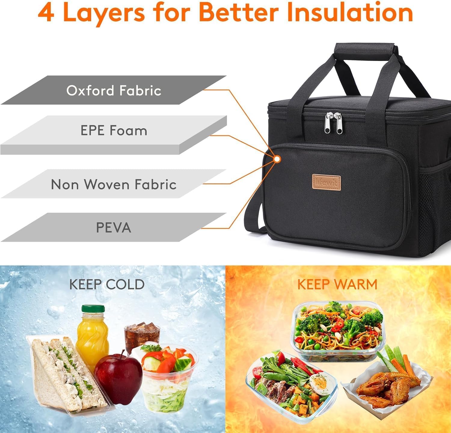Lifewit Large Lunch Bag, Insulated Lunch Box, Soft Cooler Cooling Tote for Adult Men Women, Black 24-Can (15L) - Image 3