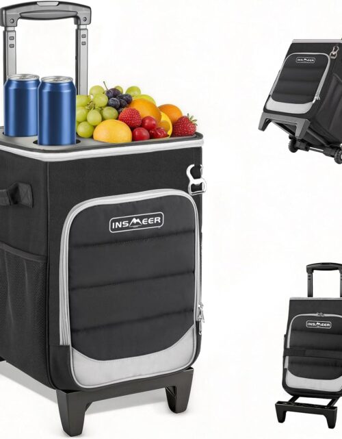 INSMEER 2-in-1 Rolling Cooler with Wheels, 60 Cans Collapsible Soft Sided Cooler on Wheels, Hard Top with 2 Cup Holders, Insulated 100% Leakproof Wheeled Cooler Bag for Beach Camping Outdoor