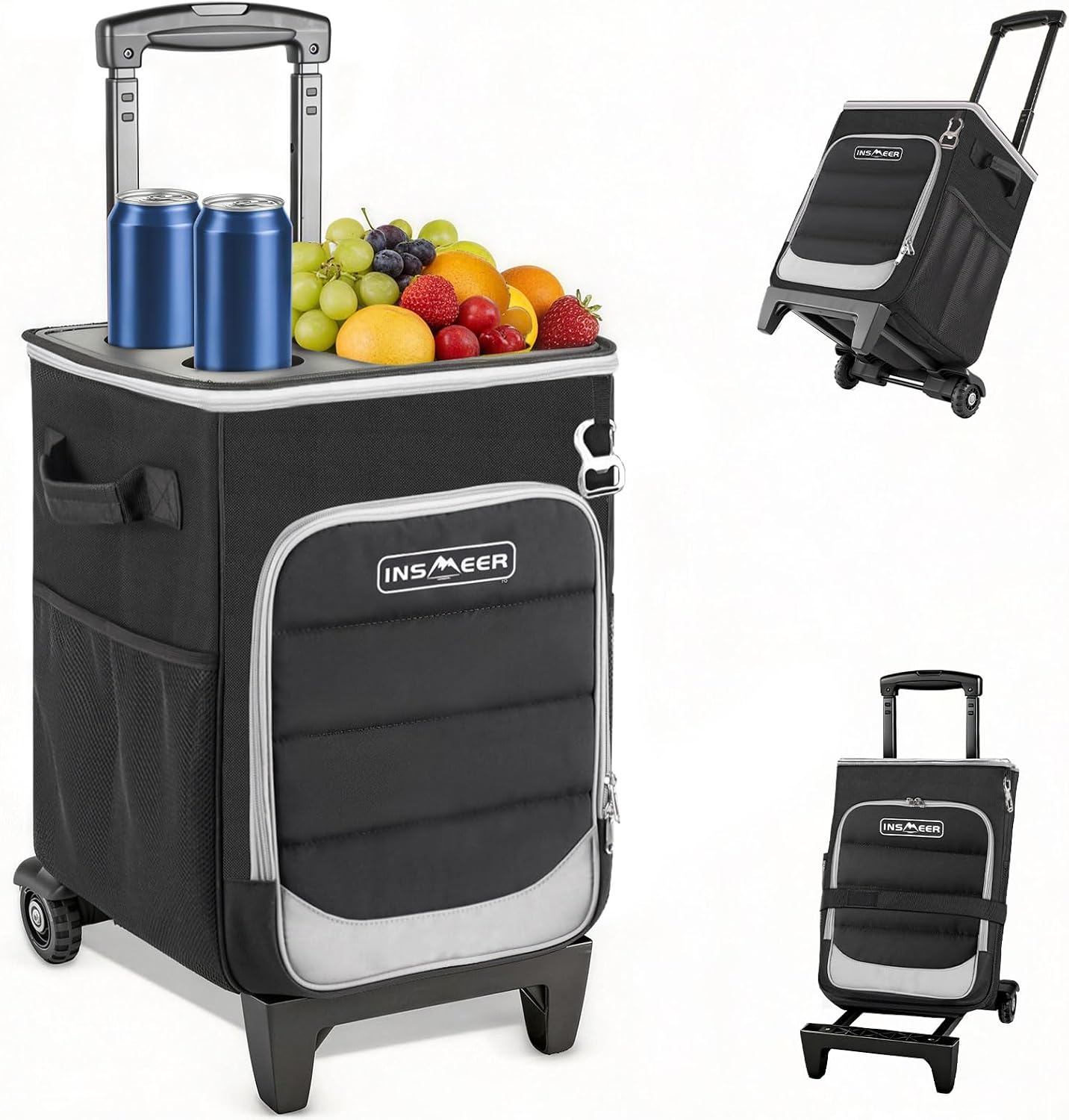 INSMEER 2-in-1 Rolling Cooler with Wheels, 60 Cans Collapsible Soft Sided Cooler on Wheels, Hard Top with 2 Cup Holders, Insulated 100% Leakproof Wheeled Cooler Bag for Beach Camping Outdoor