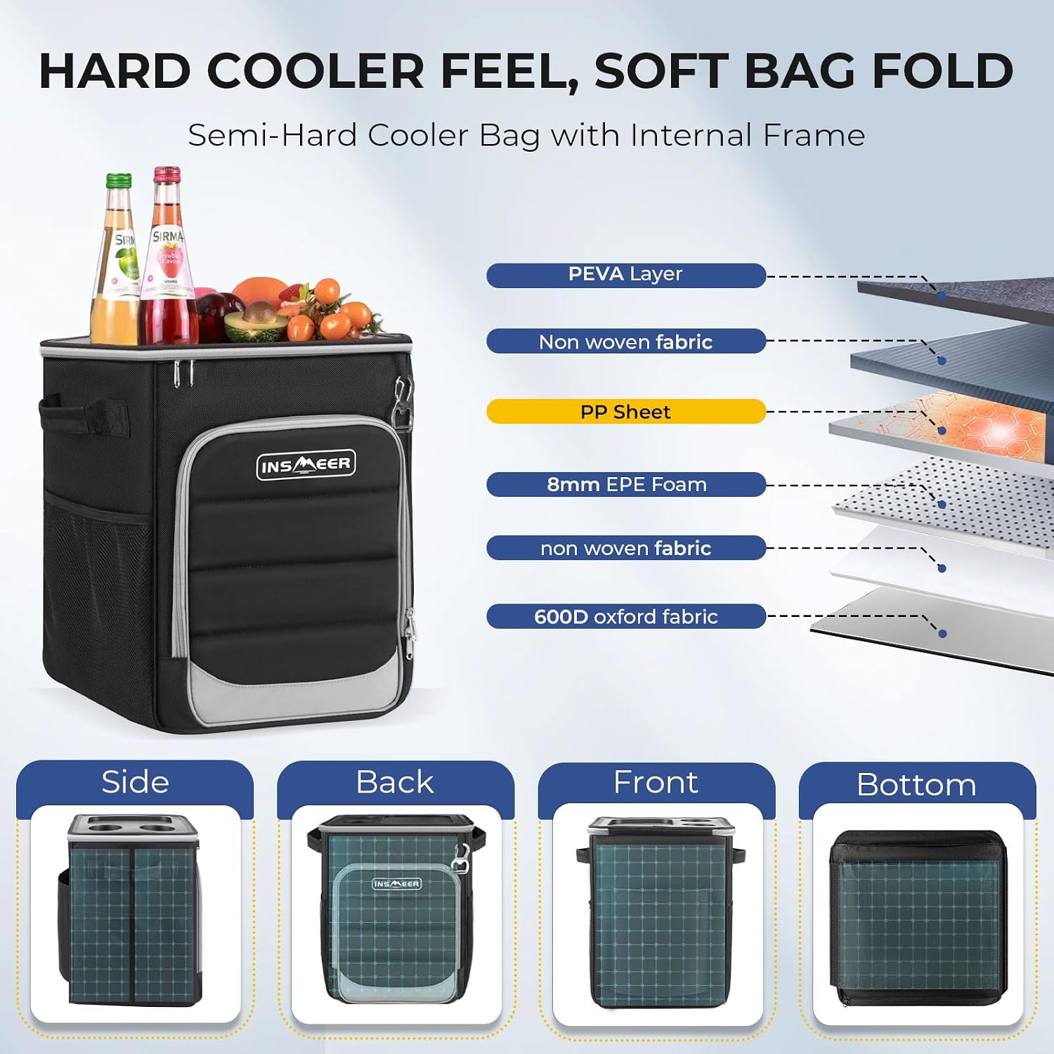 INSMEER 2-in-1 Rolling Cooler with Wheels, 60 Cans Collapsible Soft Sided Cooler on Wheels, Hard Top with 2 Cup Holders, Insulated 100% Leakproof Wheeled Cooler Bag for Beach Camping Outdoor - Image 2
