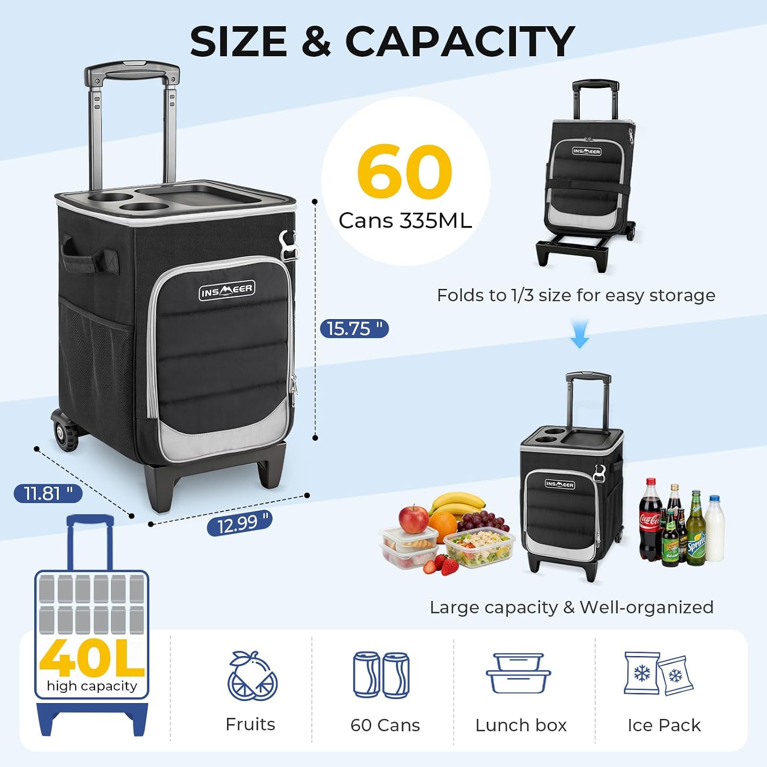 INSMEER 2-in-1 Rolling Cooler with Wheels, 60 Cans Collapsible Soft Sided Cooler on Wheels, Hard Top with 2 Cup Holders, Insulated 100% Leakproof Wheeled Cooler Bag for Beach Camping Outdoor - Image 3