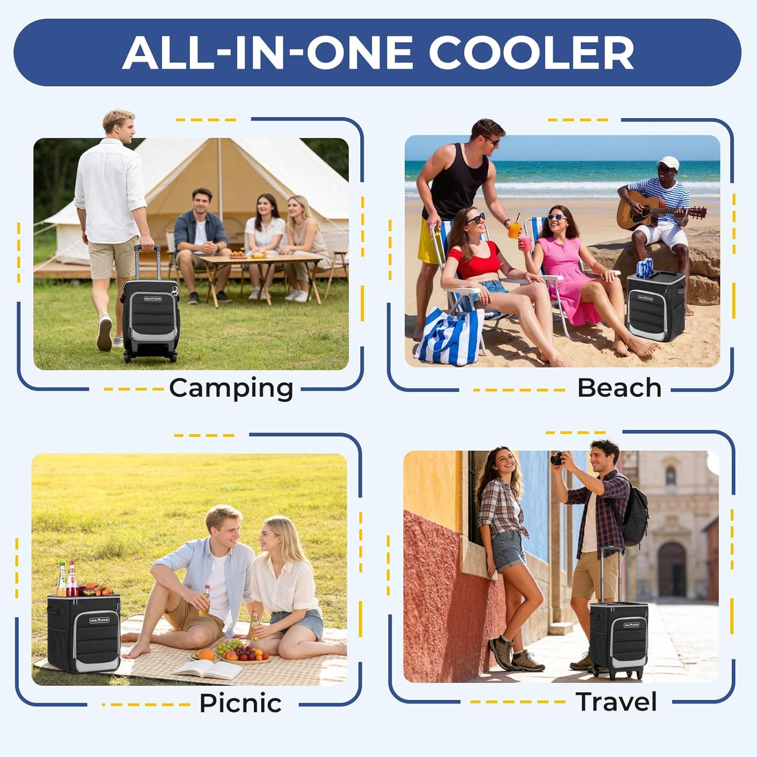 INSMEER 2-in-1 Rolling Cooler with Wheels, 60 Cans Collapsible Soft Sided Cooler on Wheels, Hard Top with 2 Cup Holders, Insulated 100% Leakproof Wheeled Cooler Bag for Beach Camping Outdoor - Image 7